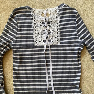 American Rag Blue Ribbed Striped Sweater w/ Lace Up Crochet Back Detail Size L
